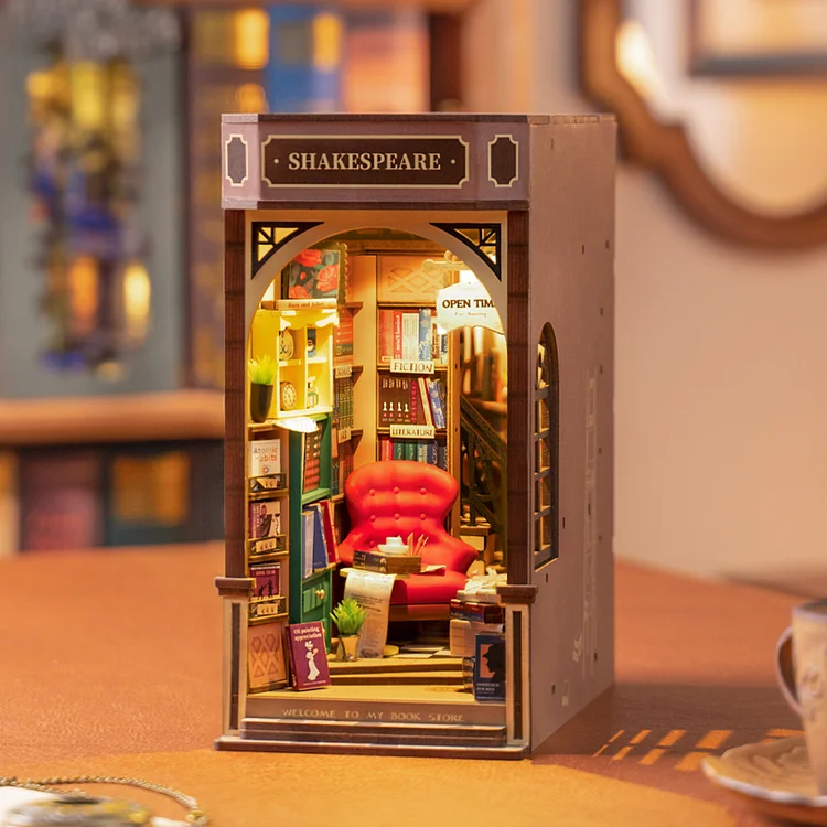 DIY Bookstore Book Nook Kit by Diokits - Front Quarter View On Top Of A Table 