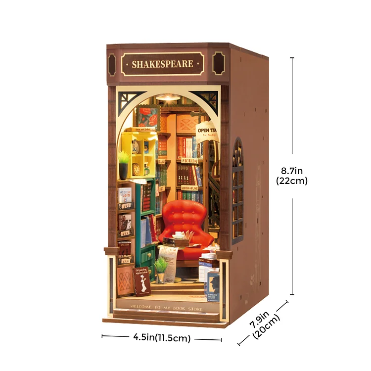 DIY Bookstore Book Nook Kit by Diokits - Front Quarter View Showing The Dimensions Of The Product 