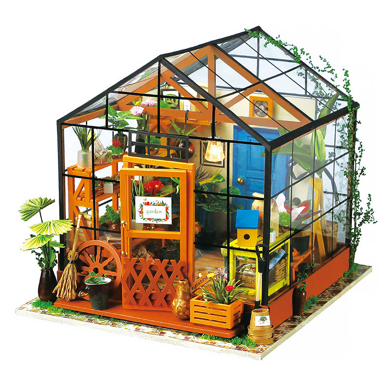 Cathy’s Flower House DIY Miniature House Kit by Diokits - Front Quarter View With White Background