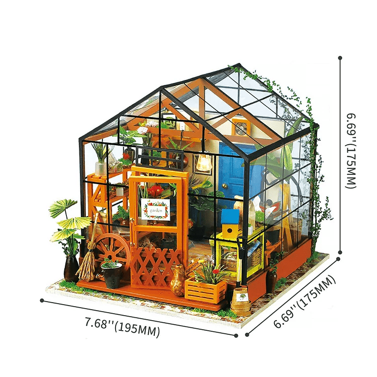 Cathy’s Flower House DIY Miniature House Kit by Diokits - Front Quarter View With Dimensions Of The Product