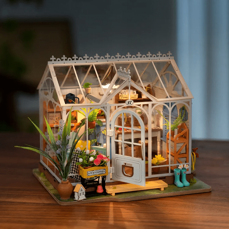 Dreamy Garden House DIY Miniature Kit by Diokits - Front Quarter View With Lights Turned On 