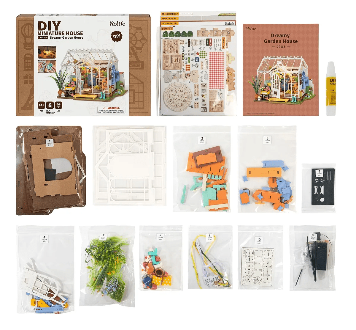 Dreamy Garden House DIY Miniature Kit by Diokits - Display Of All The Parts Included In Product Box