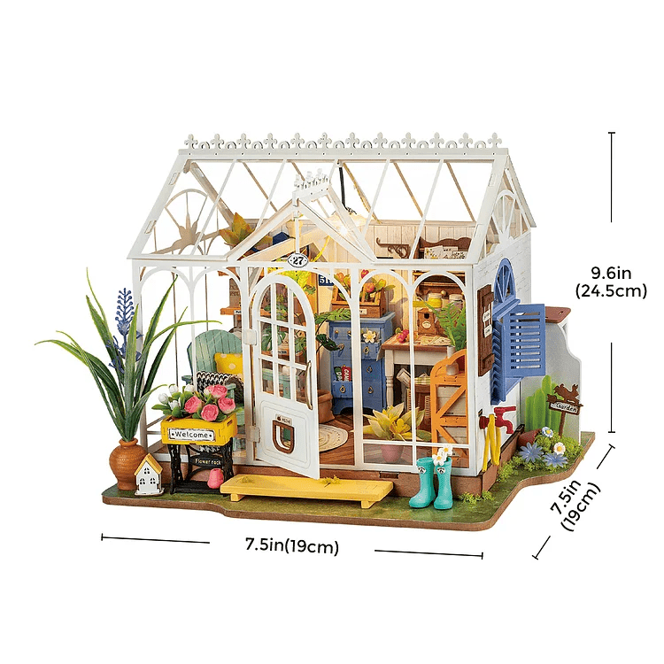 Dreamy Garden House DIY Miniature Kit by Diokits - Front View With Product Dimensions