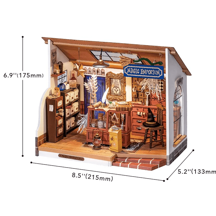 Kiki's Magic Emporium DIY Miniature House Kit by Diokits - Front View With Dimensions Of Product