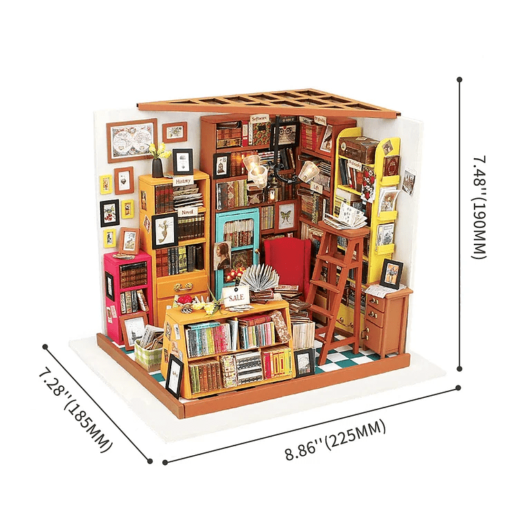 Sam's Study Library DIY Miniature House Kit by Diokits - Front View With Dimensions Of The Product